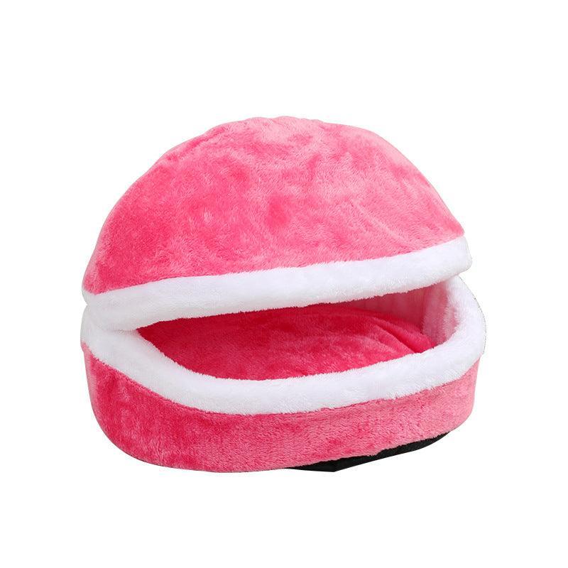 Pink plush pet nest with white inner rim, round dome shape
