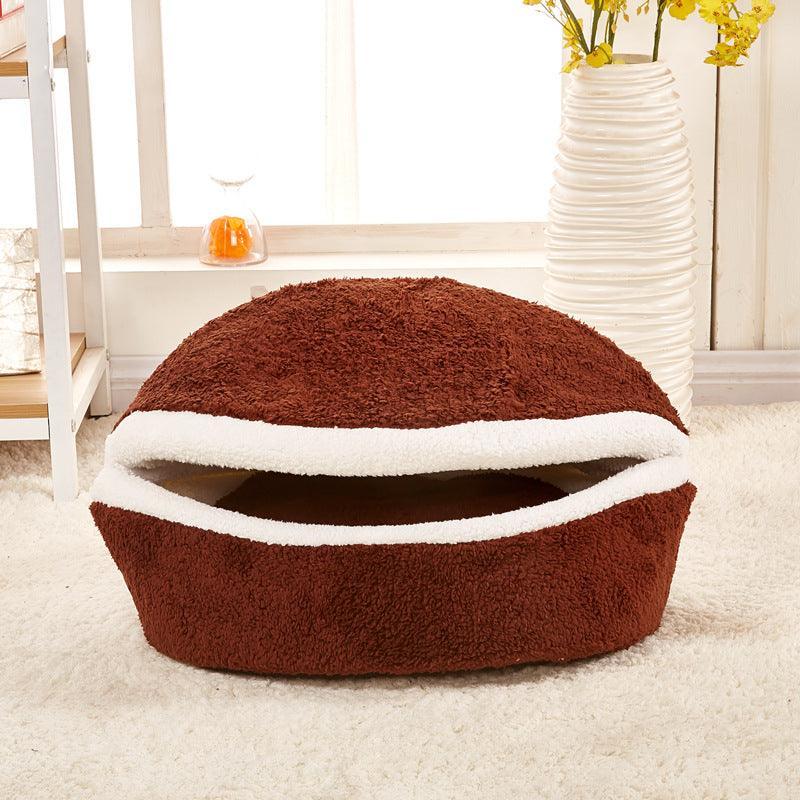 Dark brown plush pet nest with white inner rim, round enclosed shape