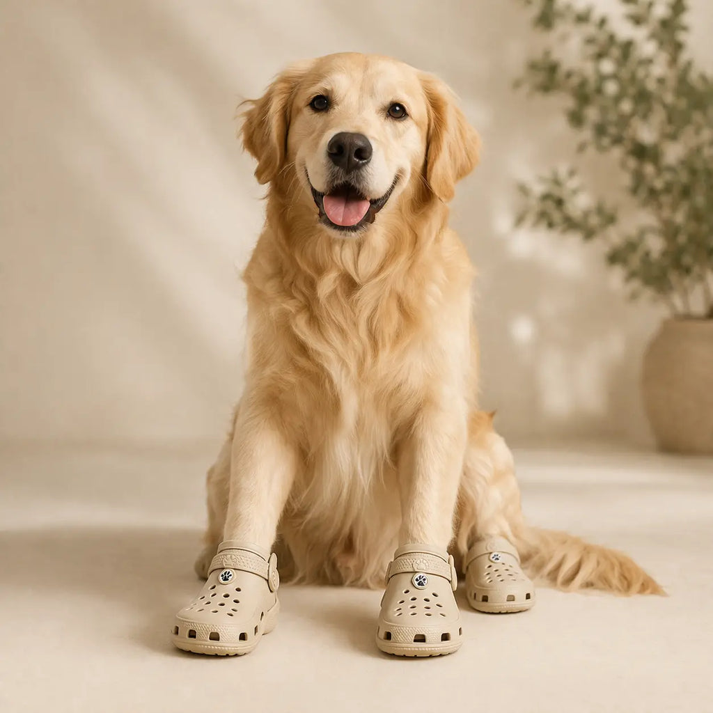 Beige dog boots worn by a seated golden retriever
