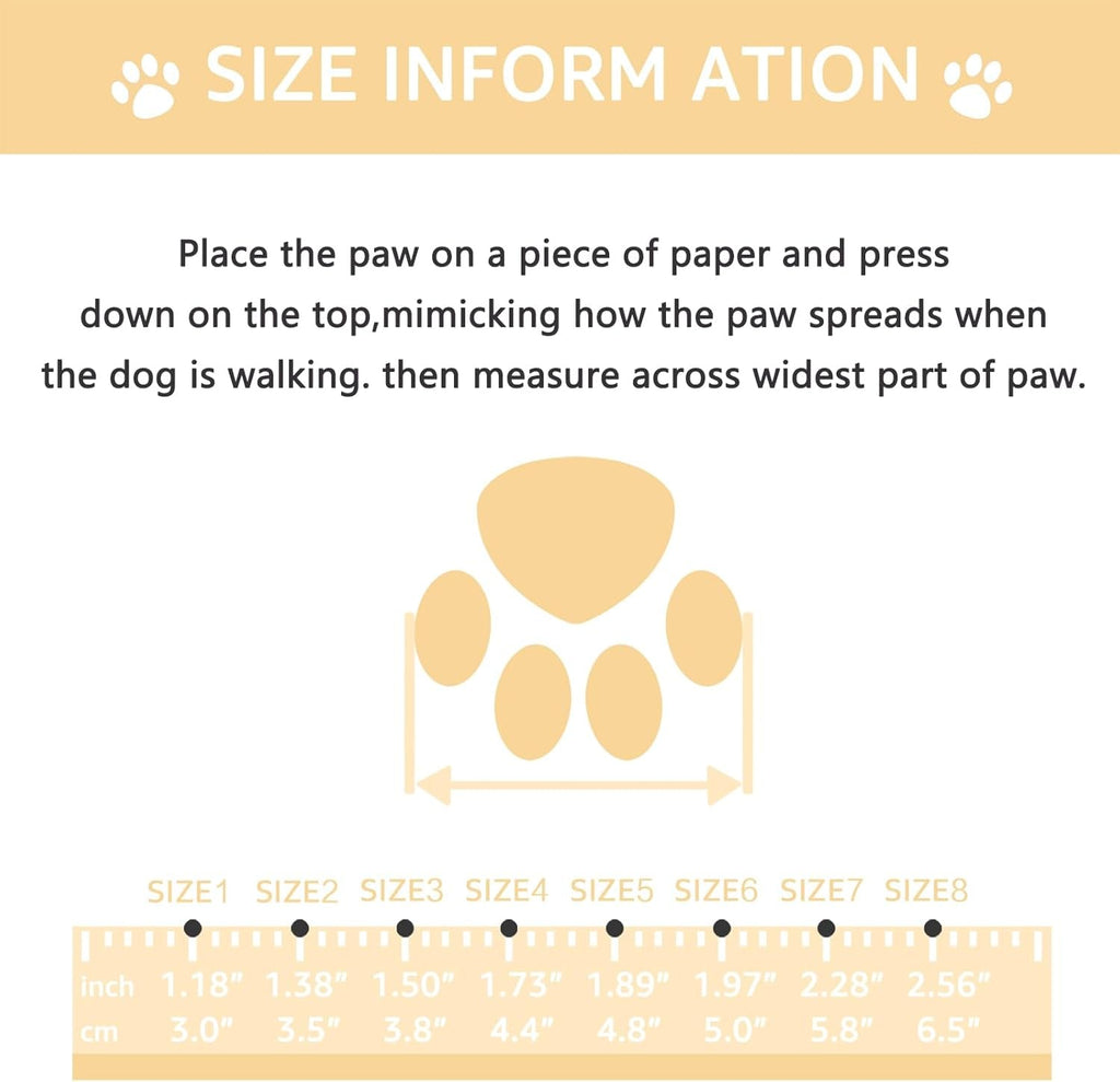 Size chart graphic with paw print diagram and boot size measurements