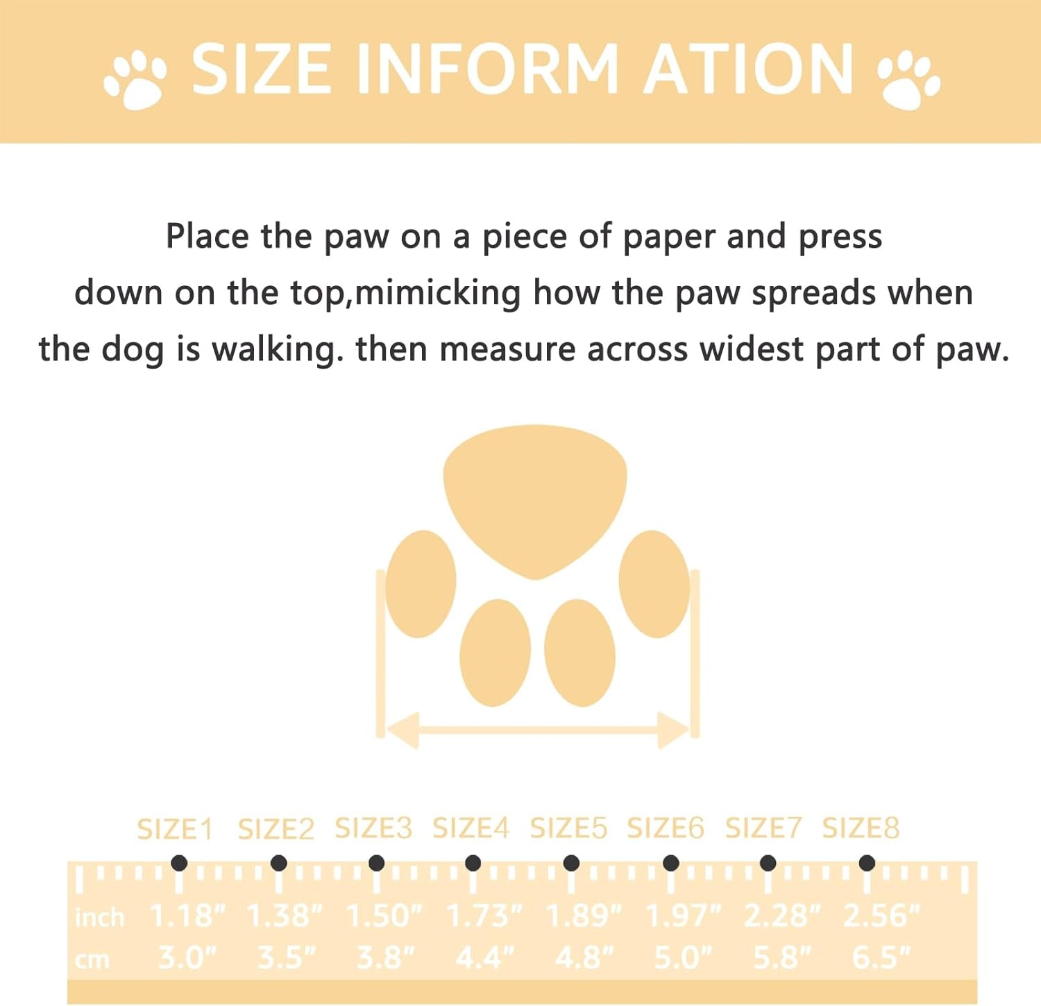 Size chart graphic with paw print diagram and boot size measurements