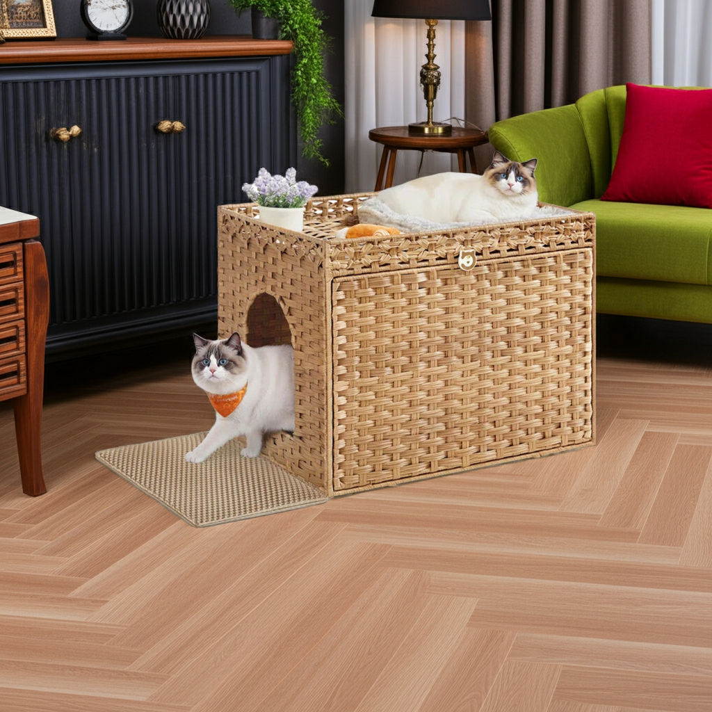Woven rattan cat litter box furniture with arched entry door and textured entry mat