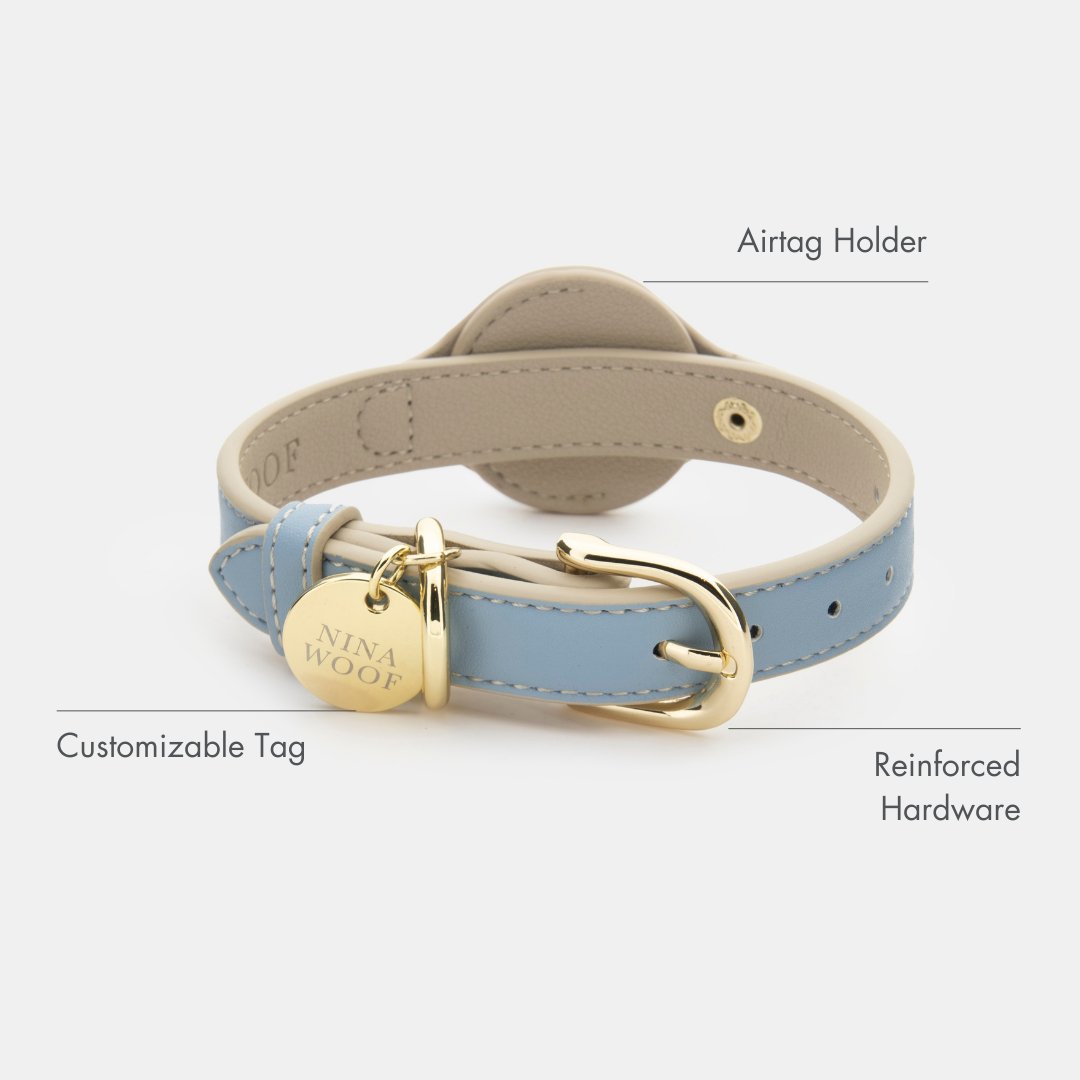 Beige dog collar with AirTag holder and reinforced gold hardware, adjustable fit