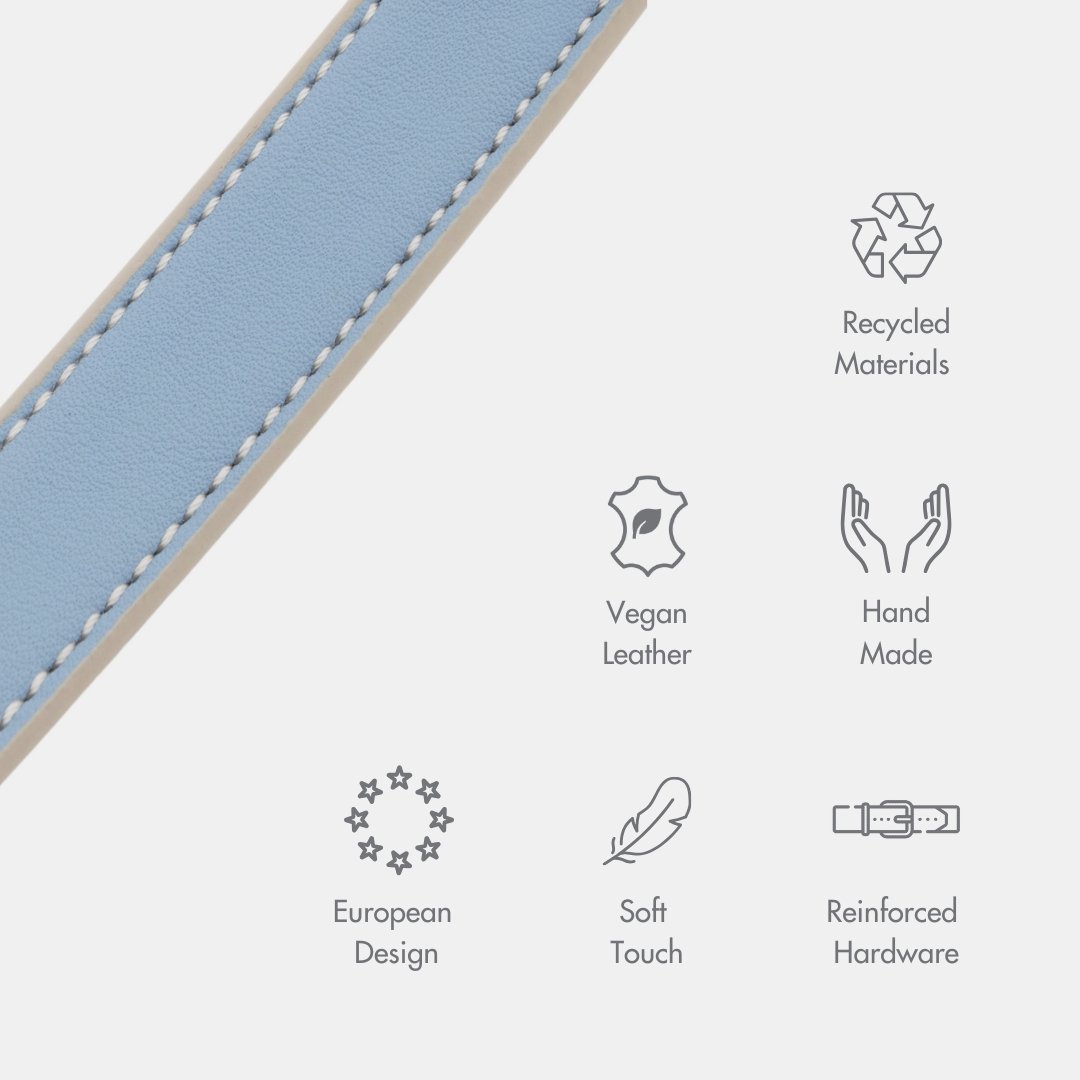 Light blue vegan leather dog collar strap with edge stitching and reinforced hardware