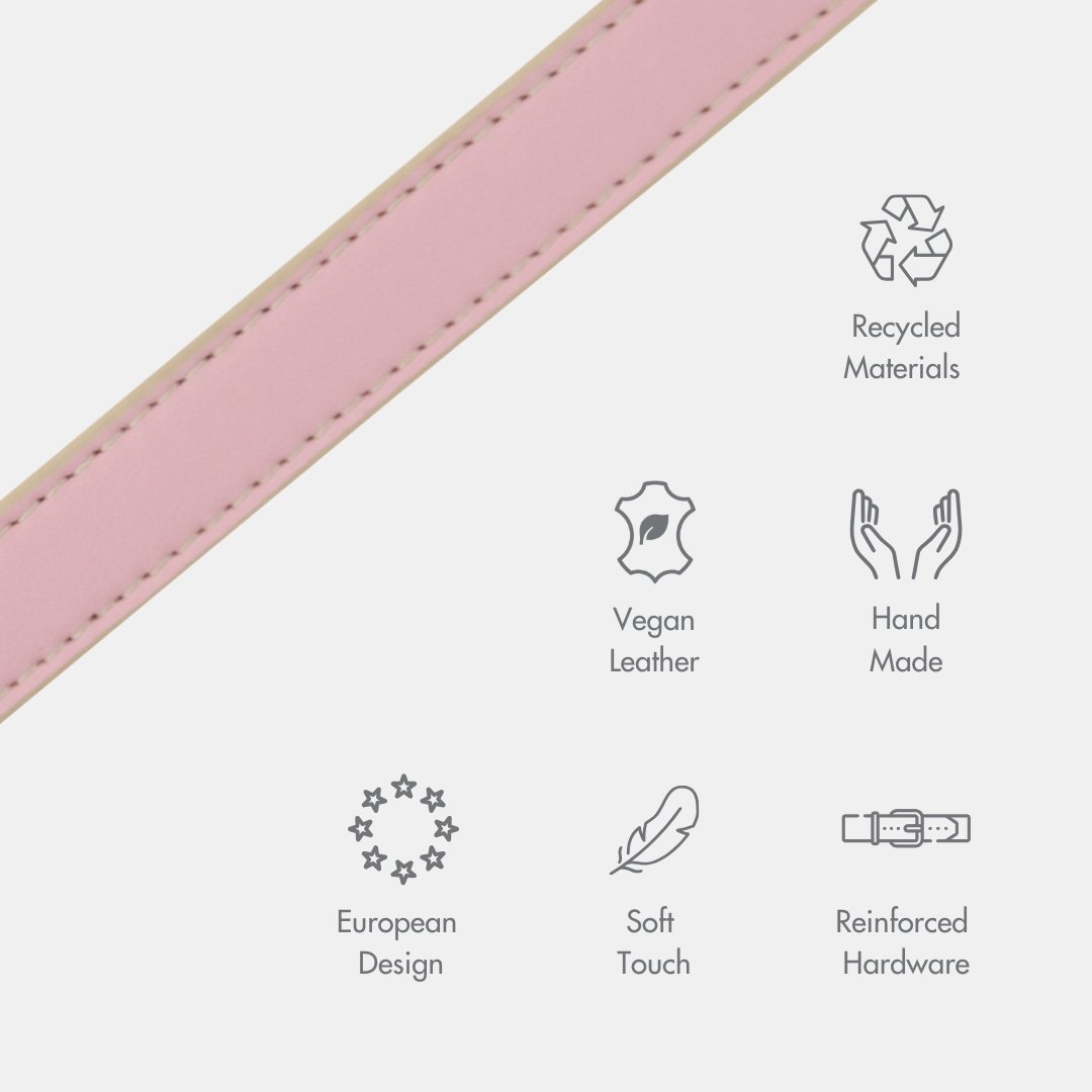 Pink vegan leather dog collar strap with reinforced stitching and smooth soft-touch finish