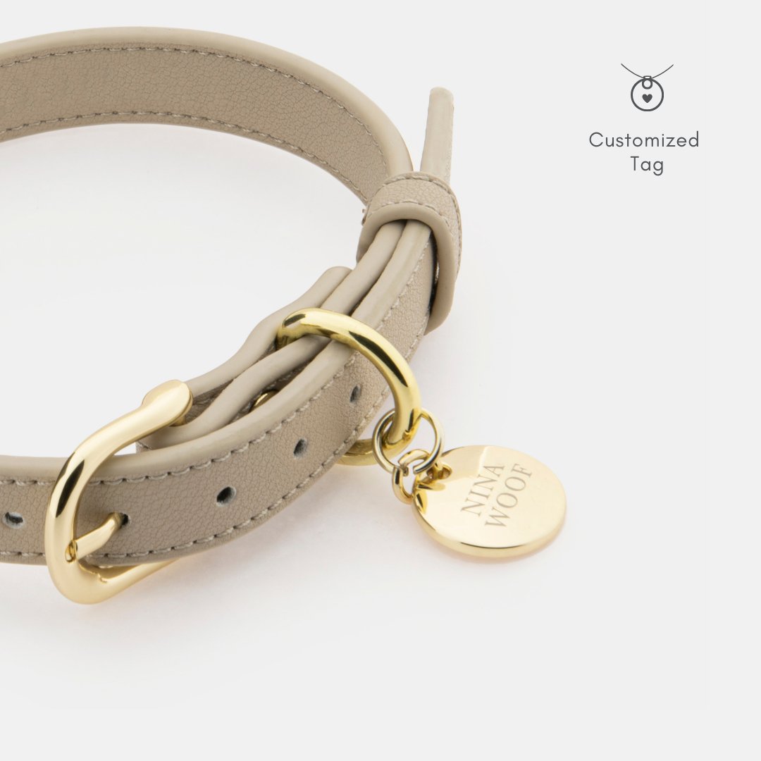 Beige vegan leather dog collar with AirTag holder and round customizable tag charm