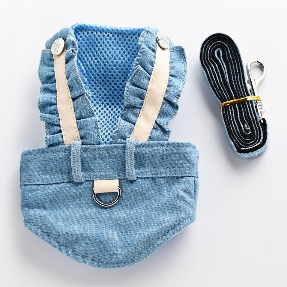 Small dog vest and leash set, blue ruffle vest with beige straps and black leash