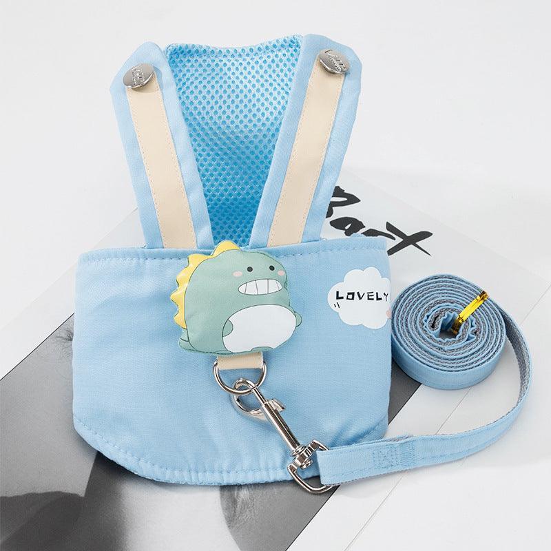 Small dog vest and leash set, light blue with cartoon patch and silver clips