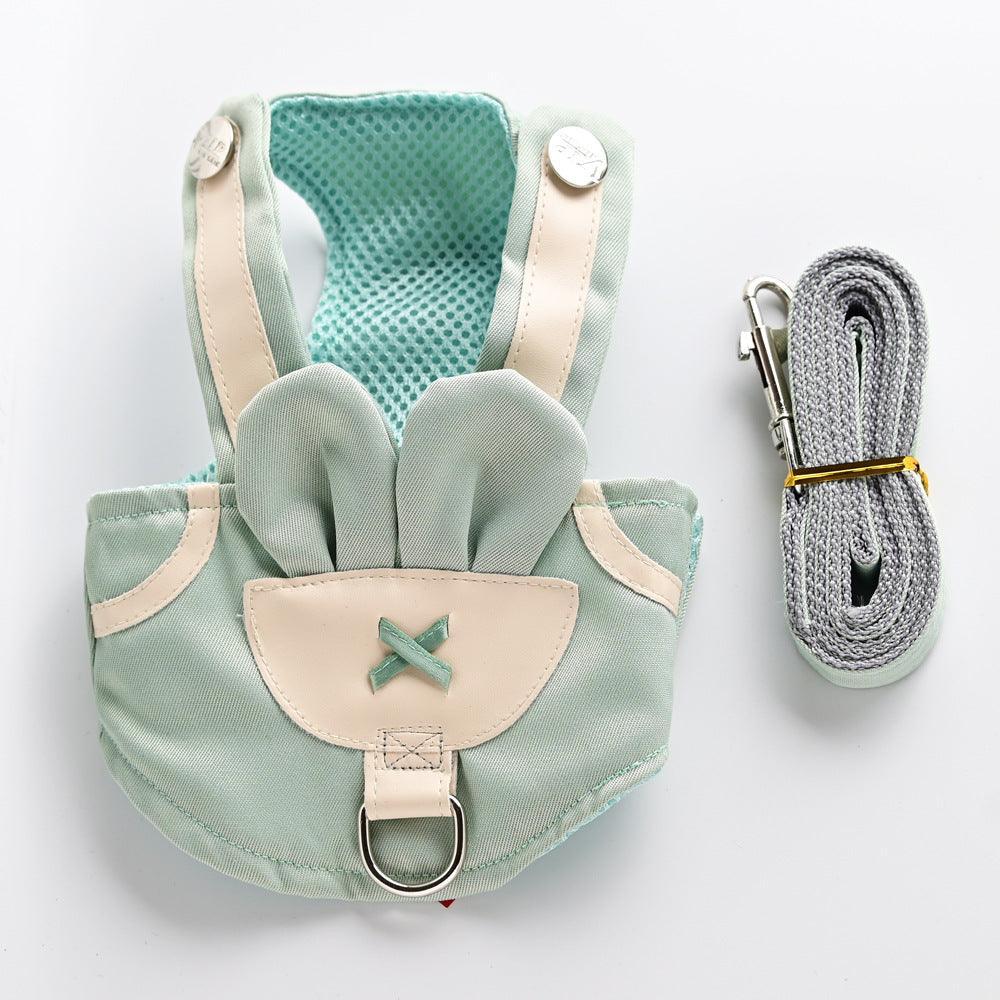 Small dog vest and leash set, mint green fabric with beige straps and metal ring