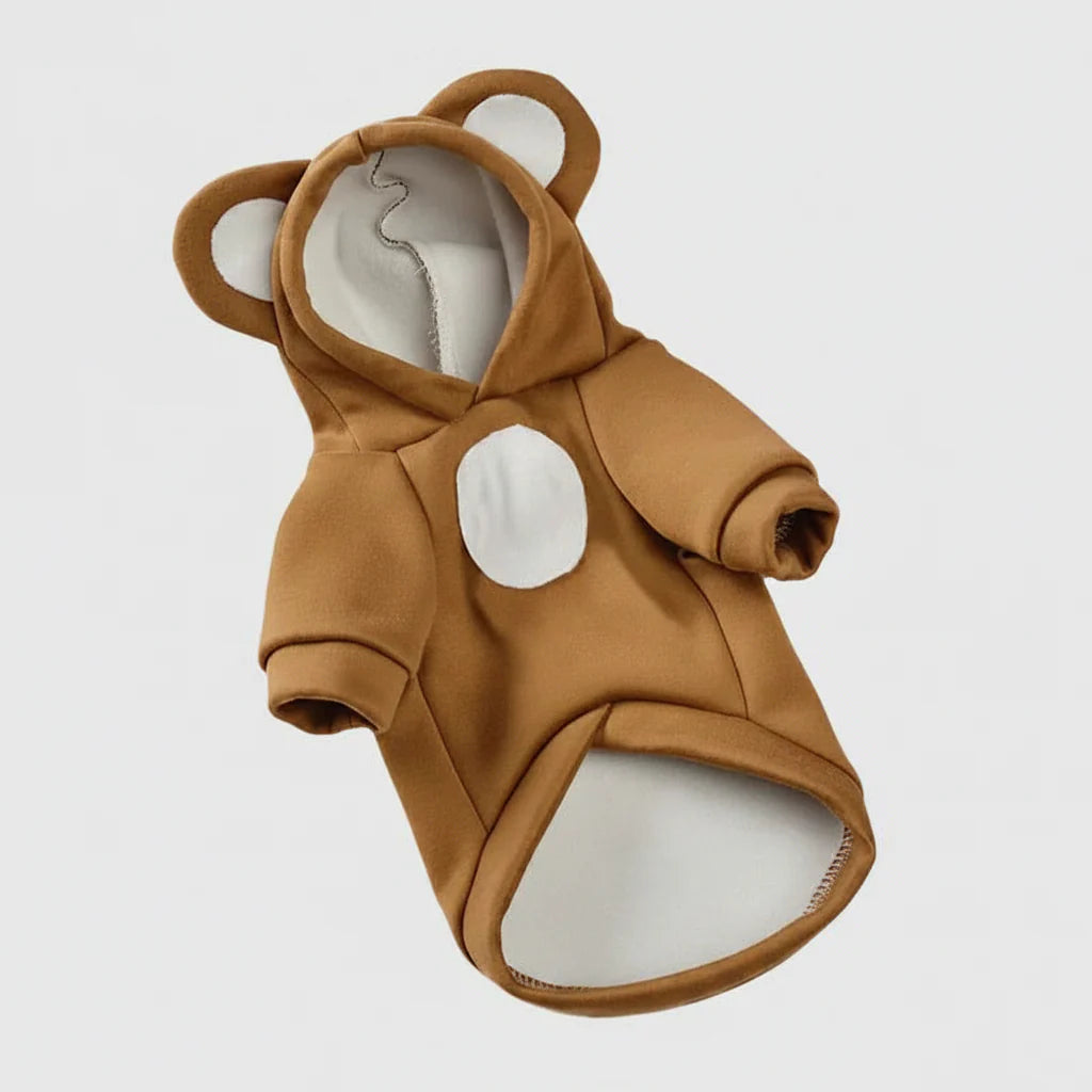 Brown cat hoodie sweater with pointed ears, hood, and white oval nose patch