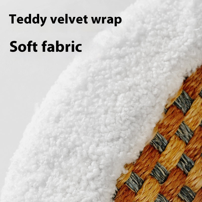 White teddy-fleece fabric wrap with woven sisal side edge for oval cat scratch basin