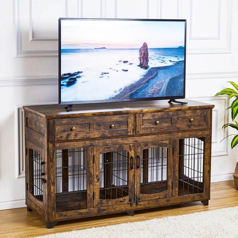 Rustic brown modern console dog crate with four front bar gates and top storage drawers