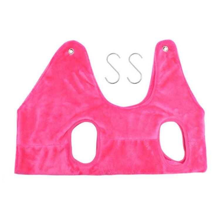 Pink grooming hammock harness with two leg openings and top hanging loop