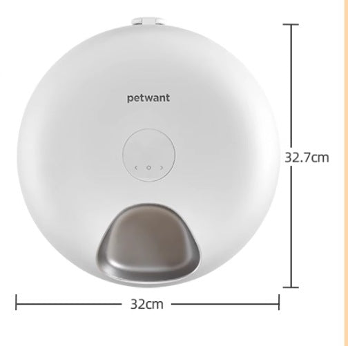 White automatic cat feeder with front tray and height/width size diagram