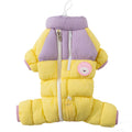Color-block puffer dog jumpsuit in yellow, purple, and lavender with full zipper