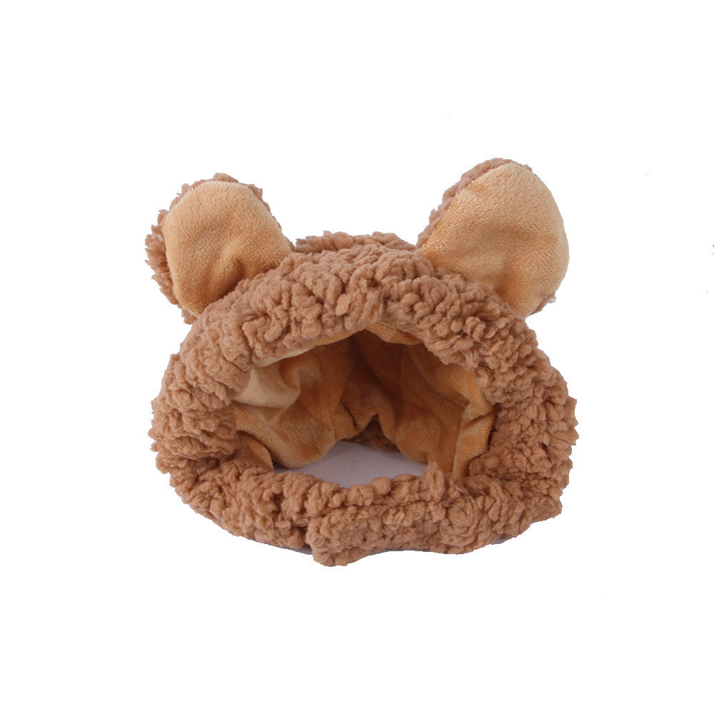 Brown fuzzy pet headband hat with soft bear-like ears and a circular face opening