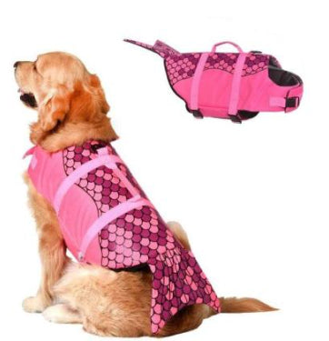 Pink scale-pattern dog life vest with adjustable straps and buoyant padding