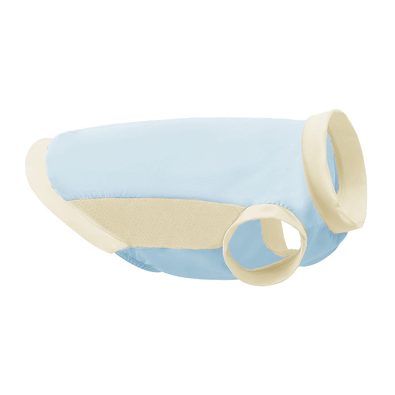 Pet cooling sun protection vest, light blue body with beige trim and arm holes