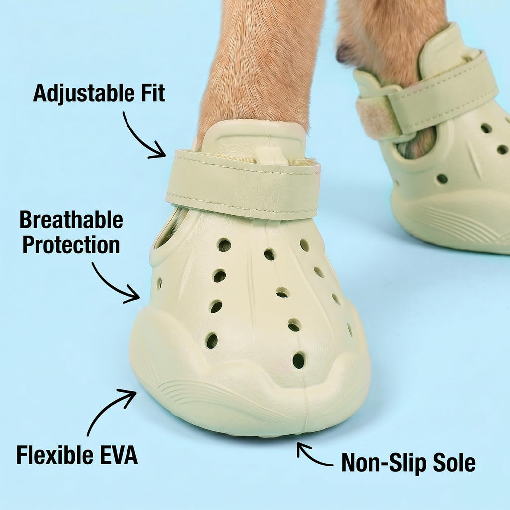 Light beige dog clog bootie close-up with hook-and-loop strap and textured non-slip sole.