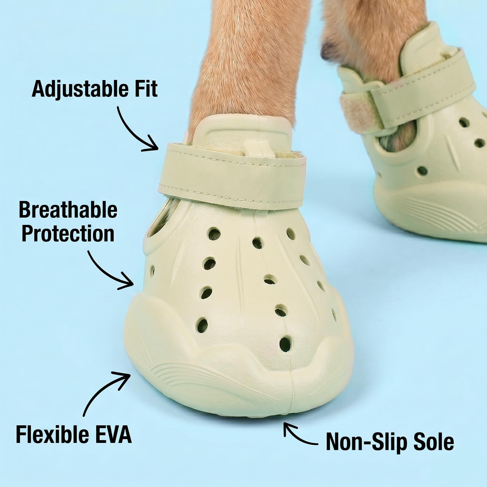 Light beige dog clog bootie close-up with hook-and-loop strap and textured non-slip sole.