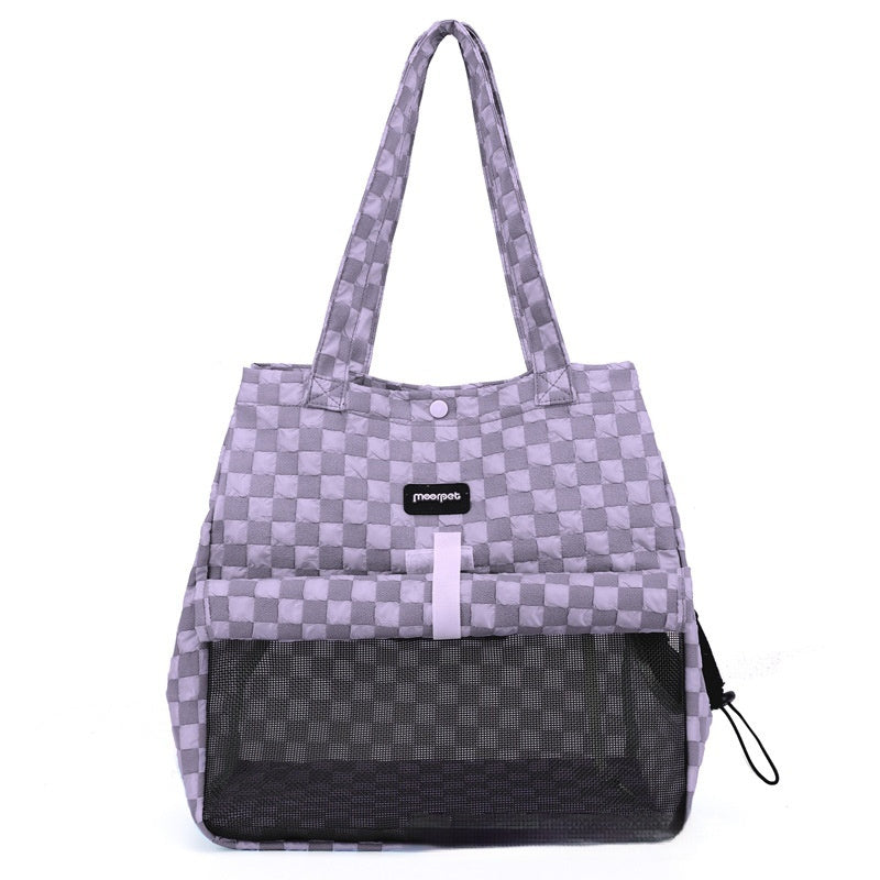 Light gray check small portable cat shoulder bag with black front panel and side pull tab.