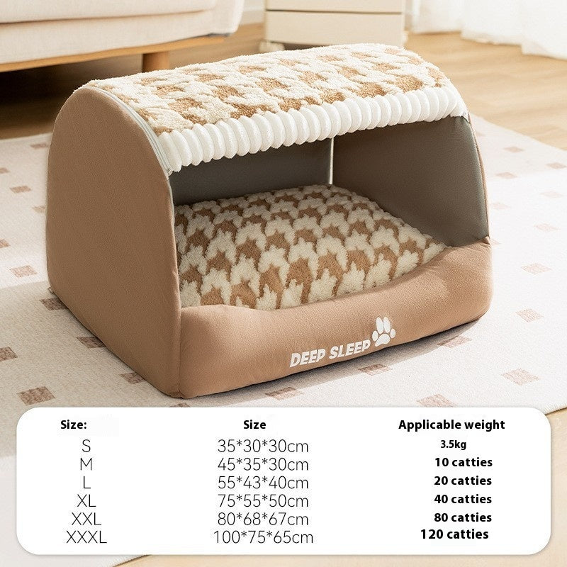 Tan enclosed bear pet kennel with removable nest, patterned cushioned interior