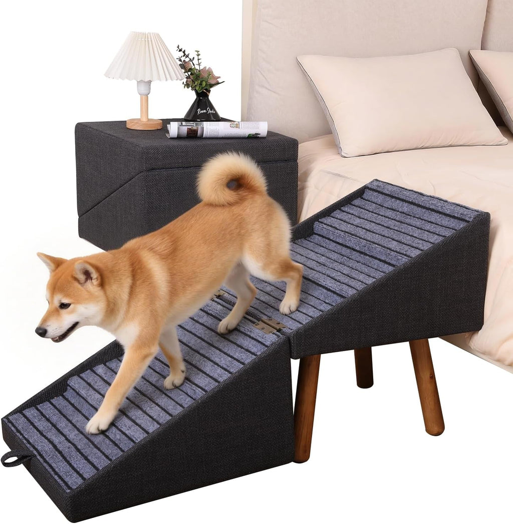 Foldable pet stairs with cushioned anti-slip steps, dark gray fabric ramp and wood legs