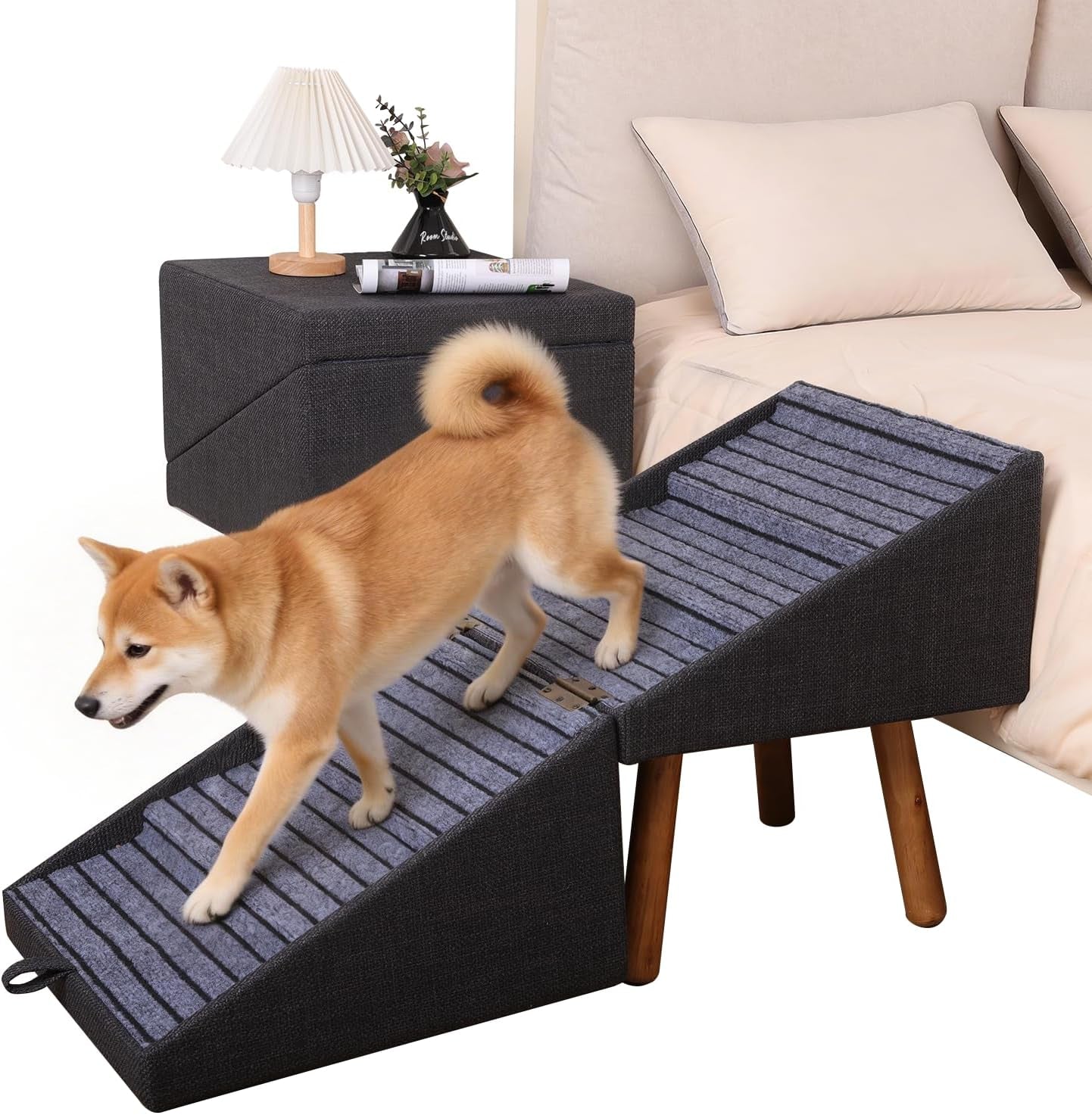 Foldable pet stairs with cushioned anti-slip steps, dark gray fabric ramp and wood legs