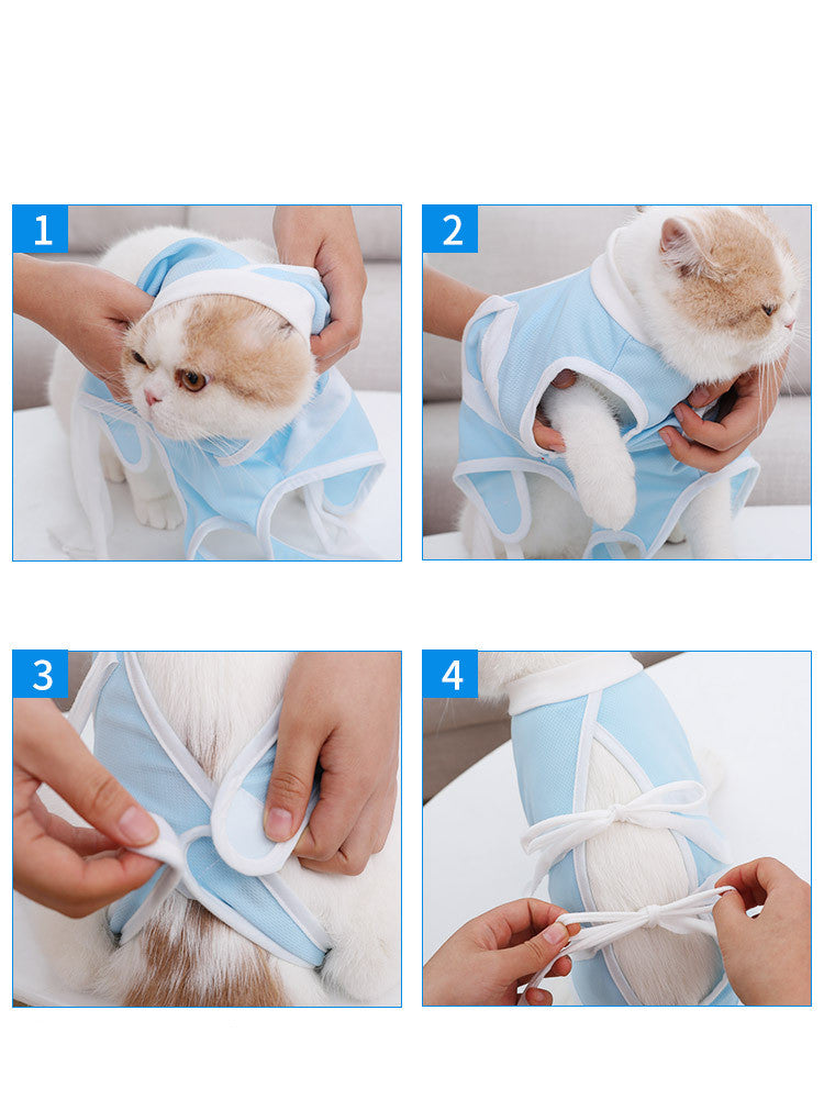 Light blue sleeveless cat outfit with white straps shown during fitting