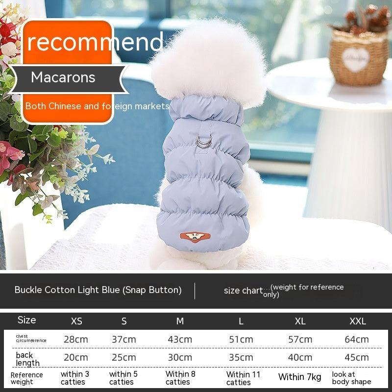 Light blue cotton puffer dog vest with ring buckle and snap closure.