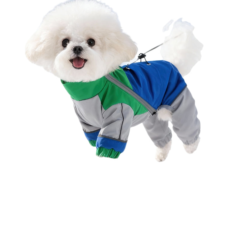 Waterproof reflective dog jumpsuit in blue, green, and gray with front strap leash