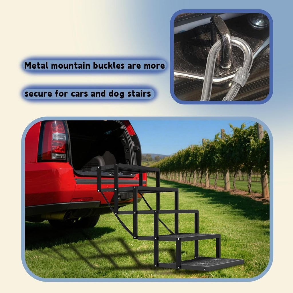 Black dog stairs with metal buckle straps and textured non-slip step surfaces