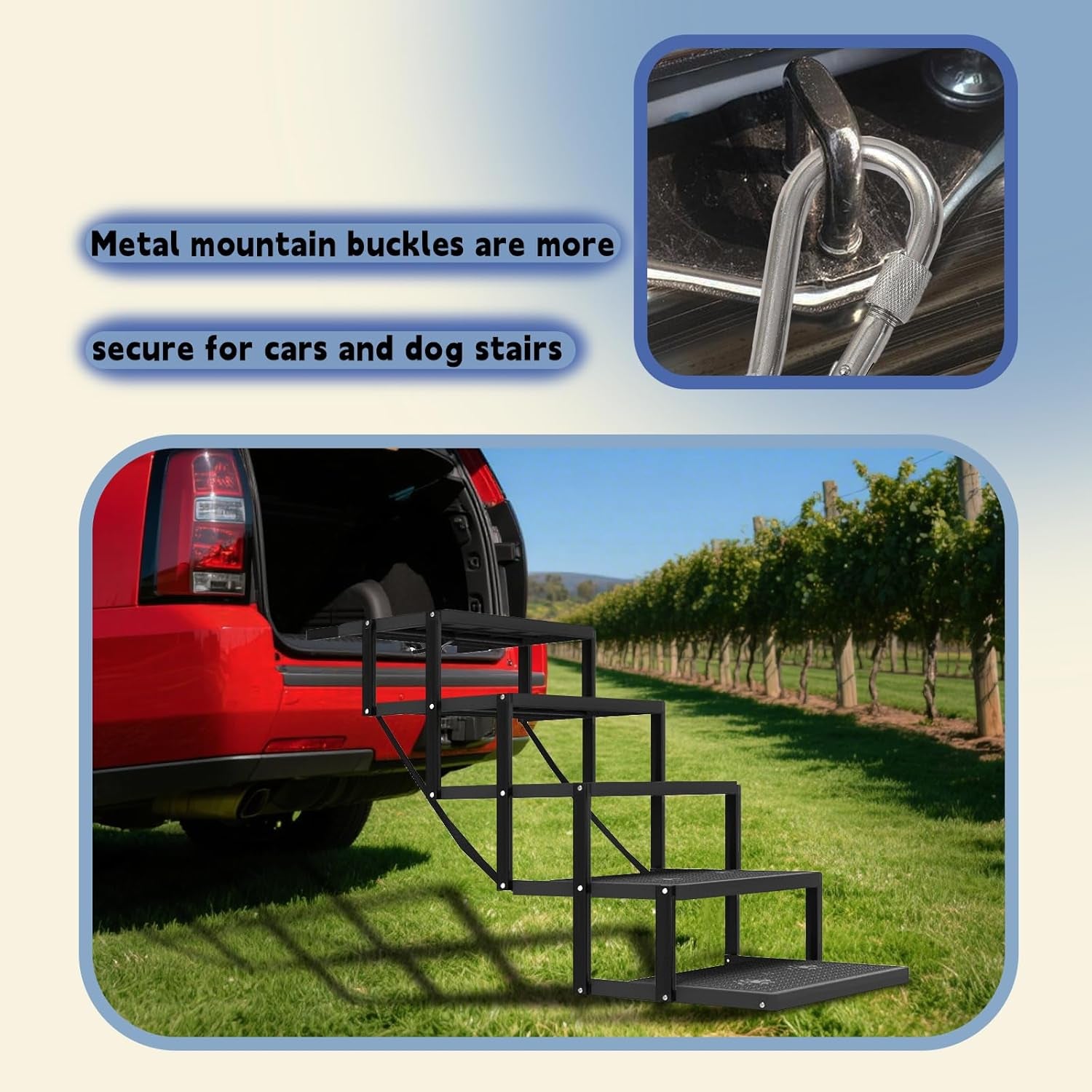 Black dog stairs with metal buckle straps and textured non-slip step surfaces