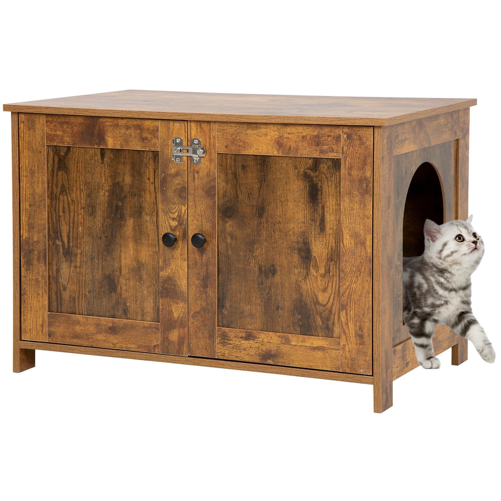 Brown cat washroom cabinet with arched side doorway for cats and two black knobs