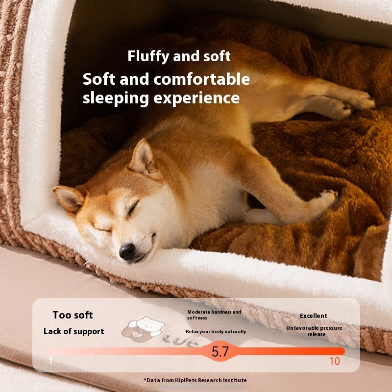 Enclosed dog cave bed with fluffy brown nest pad, small pet kennel
