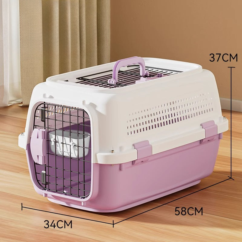 Airline-approved pet carrier crate with pink accents and wire front door