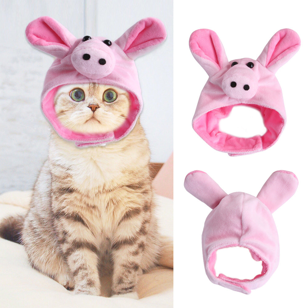 Pink rabbit pet hood hat with long ears and a plush animal face front opening