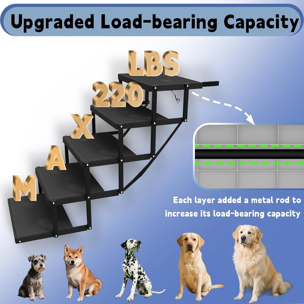 5-step dog stairs display with sturdy metal frame and textured platform treads