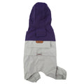 Pet raincoat with hood, purple upper and light gray body, leg openings