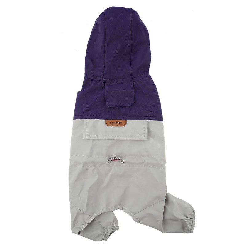 Pet raincoat with hood, purple upper and light gray body, leg openings