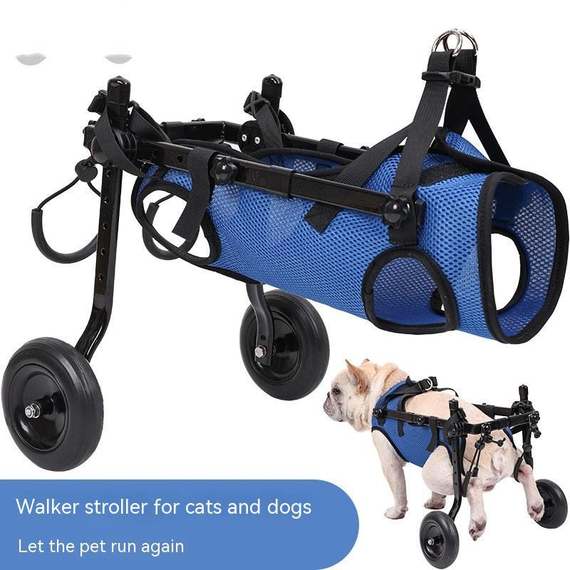 Blue pet wheelchair scooter stroller with padded mesh support, black straps, and four wheels