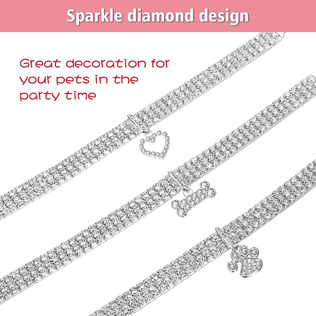 Crystal Rhinestone Pet Collar Necklace — 3-Pack, Heart, Bone & Paw Charms