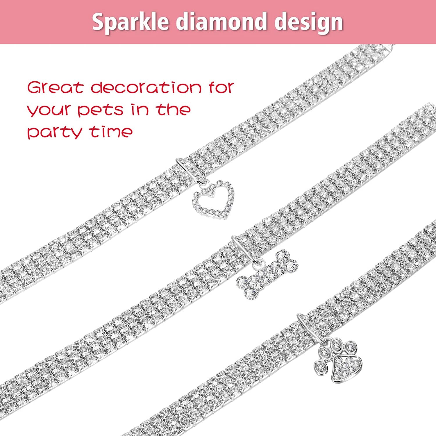 Crystal Rhinestone Pet Collar Necklace — 3-Pack, Heart, Bone & Paw Charms
