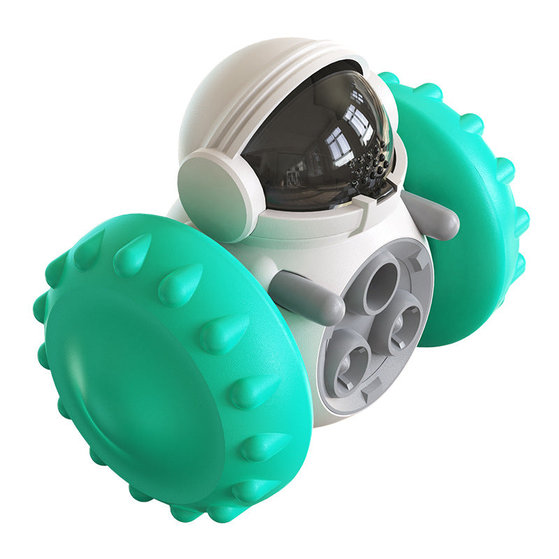 Teal slow-feed balance pet toy car close-up with clear top dome and gray wheel bay