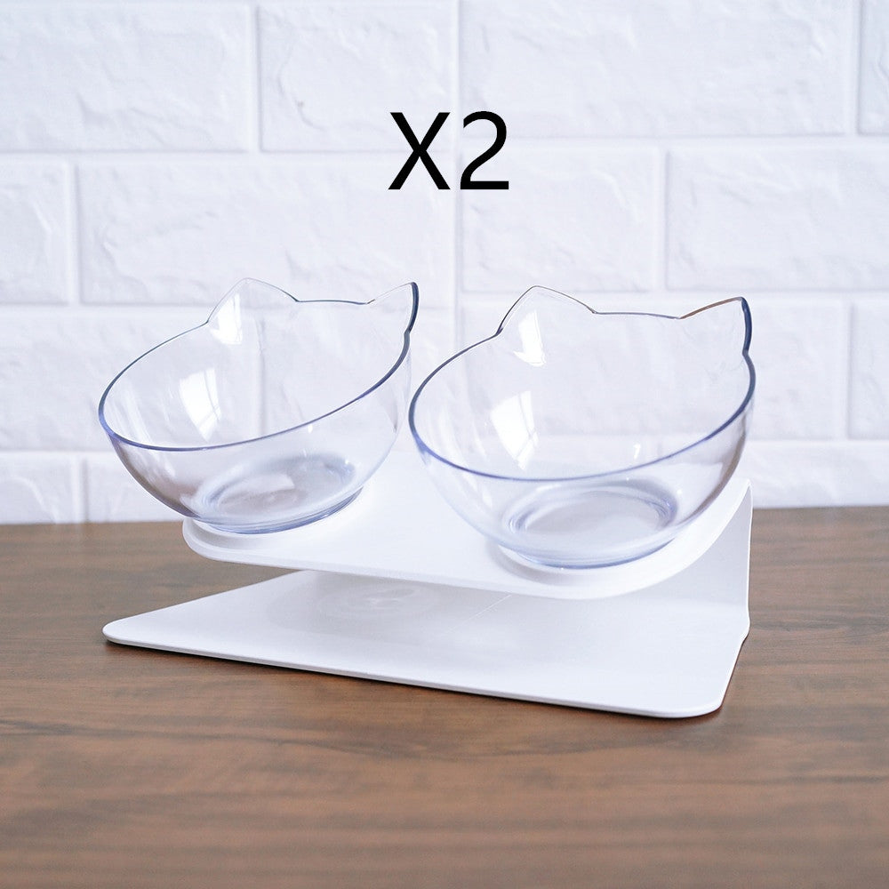 Two transparent cat-shaped bowls on white raised stand, non-slip base