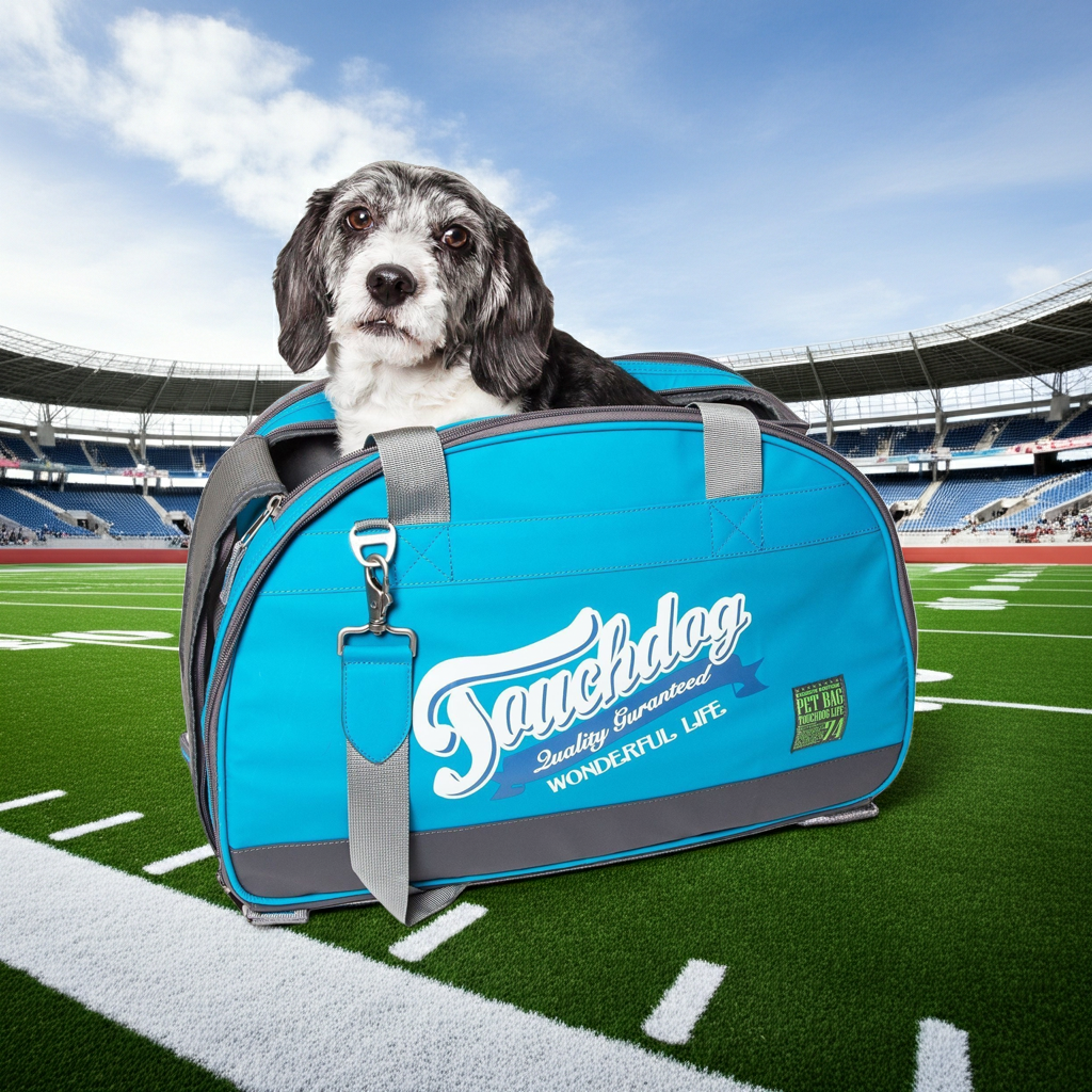 Teal water-resistant dog travel carrier with gray shoulder straps and front logo