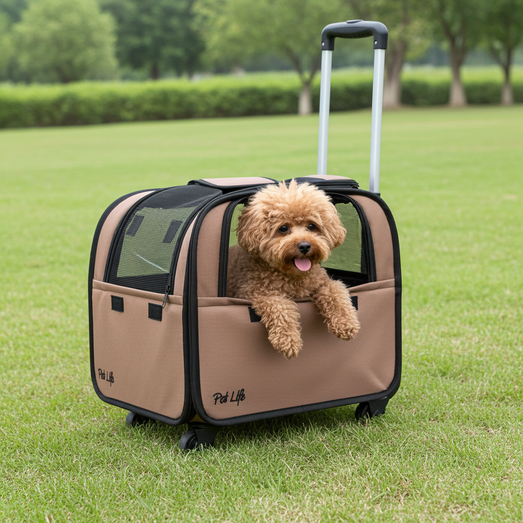 Pet Life wheeled dog carrier, collapsible khaki with mesh windows, wheels, and top handle