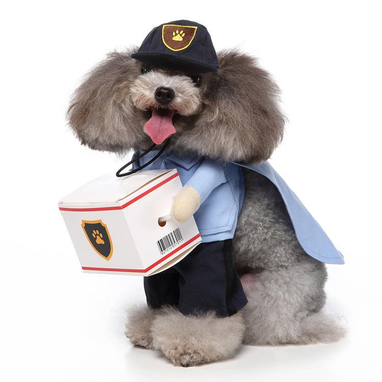 Police dog costume with navy cap, yellow badge, and light-blue shirt