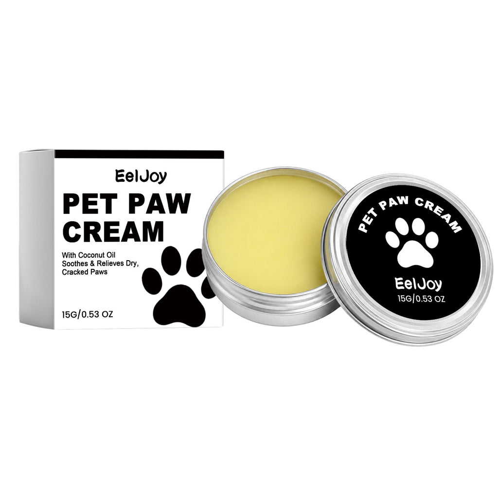 Pet paw cream jar with open lid, yellow balm, 15g tin and boxed packaging
