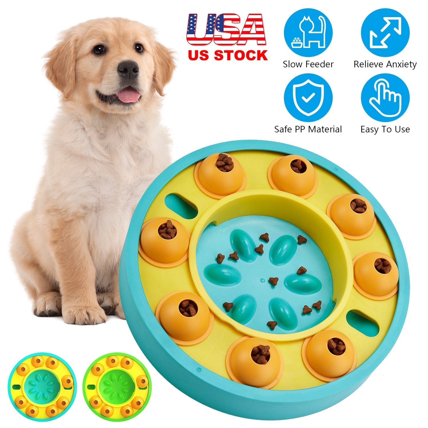 Slow feeding puzzle dog bowl with turquoise outer ring and teal food tray, orange treat pods